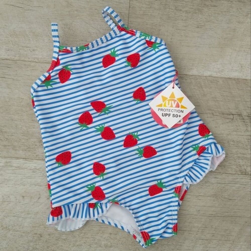 NWT Dolphin Love Girls 18 Months Strawberry Stripe UPF 50+ One Piece Swimsuit